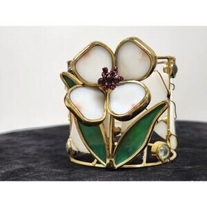 Vtg Gold Tone Stained Glass Flower Votice Candle Holder